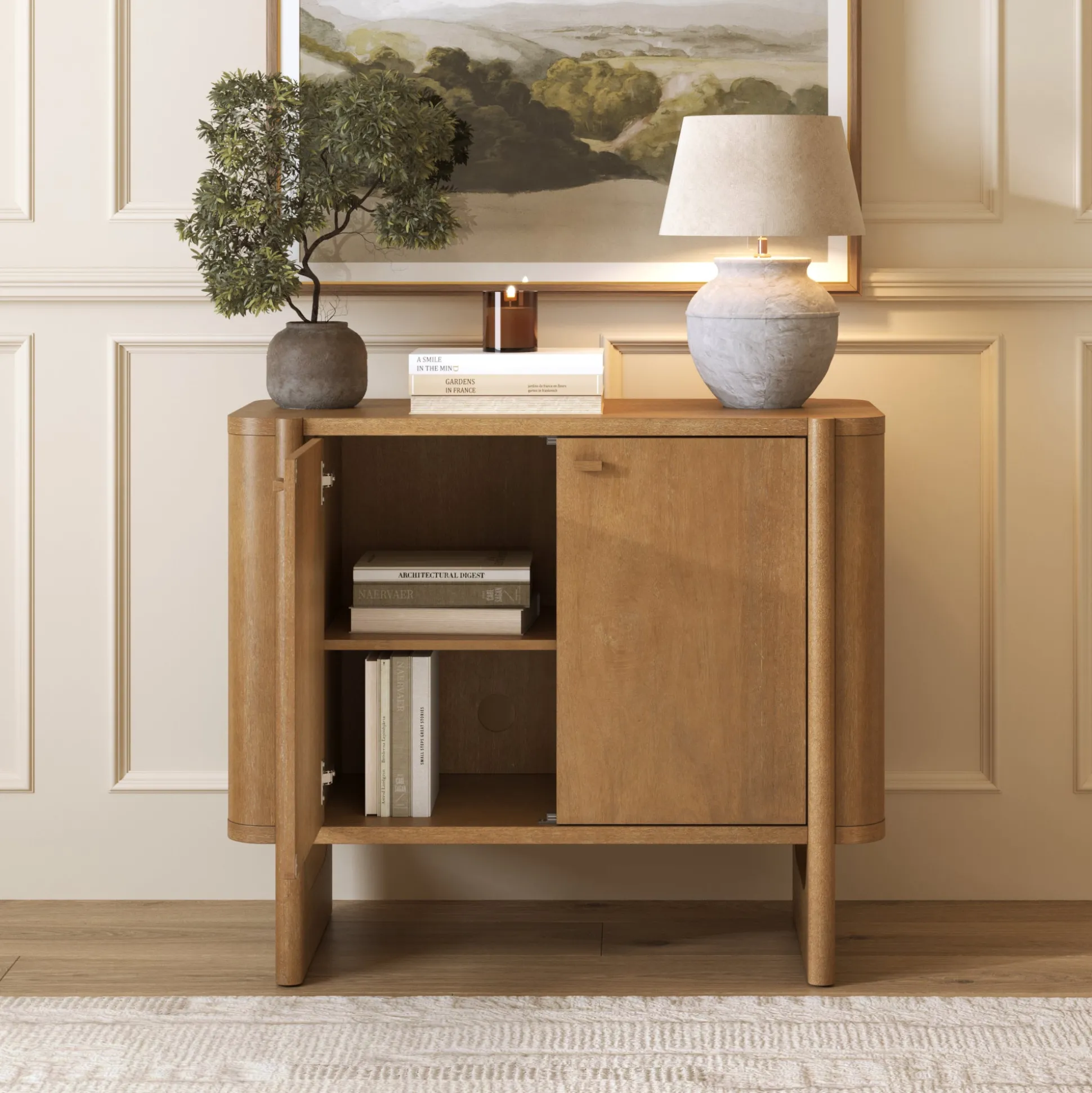 Mid-Century Modern Solid Wood Accent Cabinet Credenza Light Brown (Set of 3)
