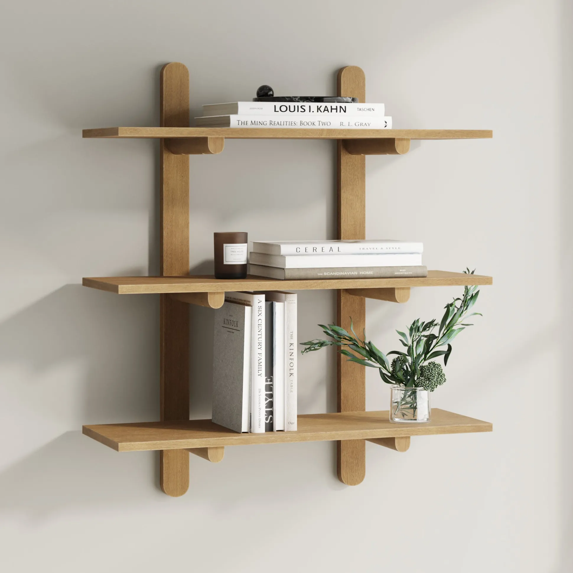 Mid Century Modern 3-Tier Wall Mounted Wood Shelf Light Brown