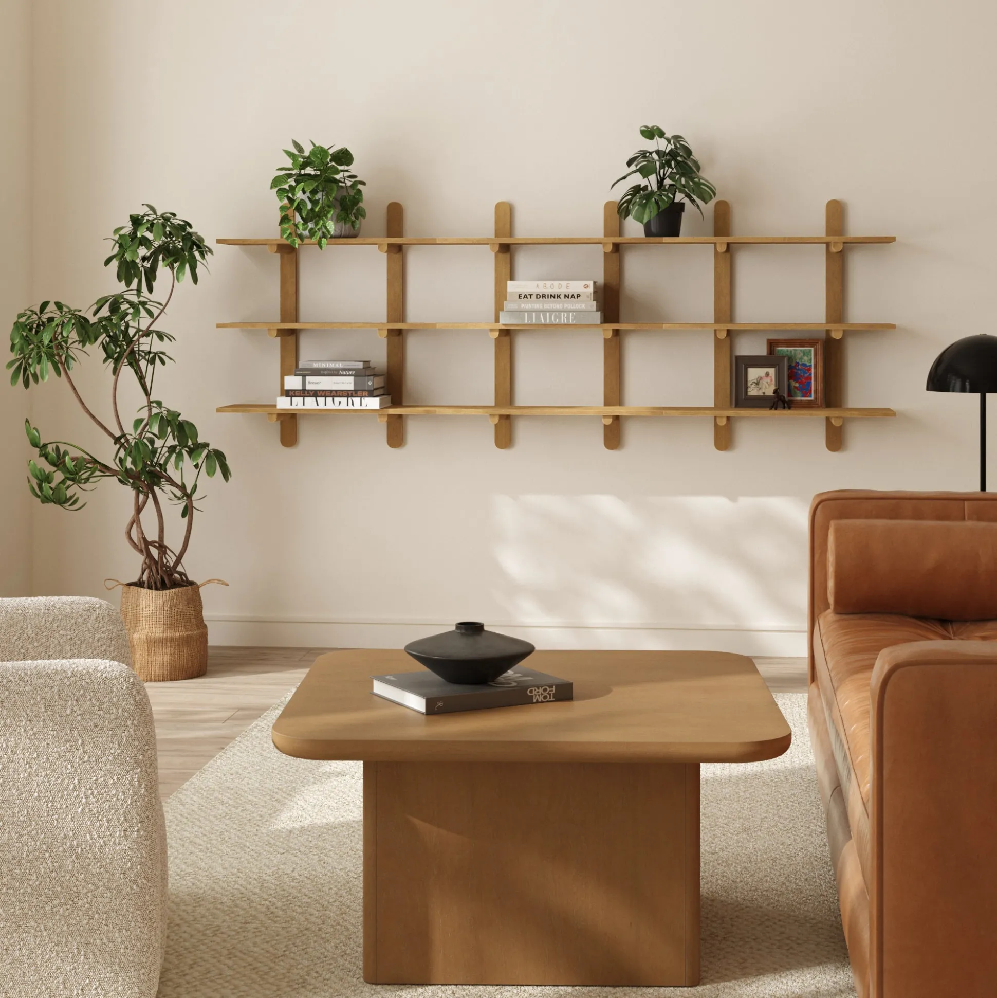 Mid Century Modern 3-Tier Wall Mounted Wood Shelf Light Brown