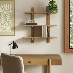 Mid Century Modern 3-Tier Wall Mounted Wood Shelf Light Brown