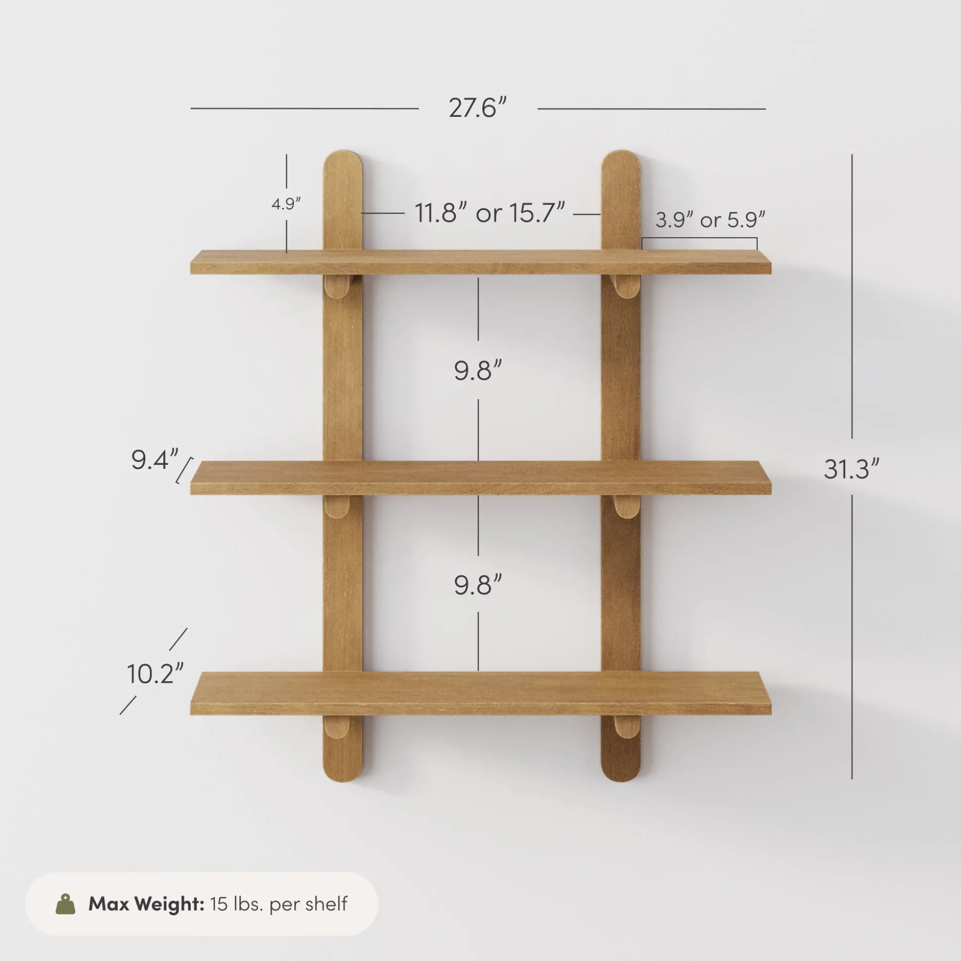 Mid Century Modern 3-Tier Wall Mounted Wood Shelf Light Brown