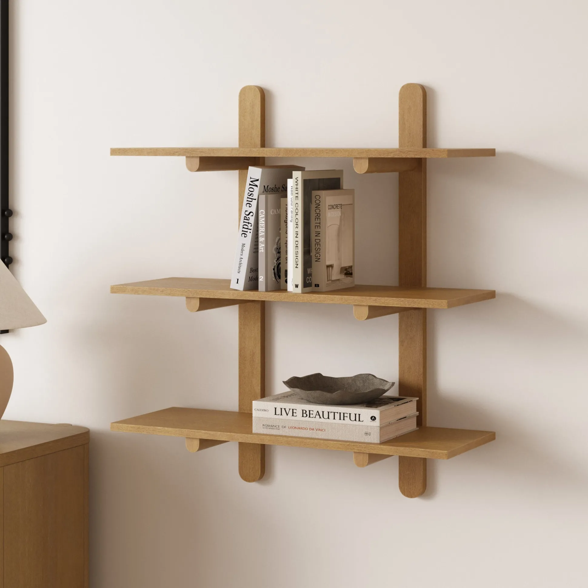 Mid Century Modern 3-Tier Wall Mounted Wood Shelf Light Brown