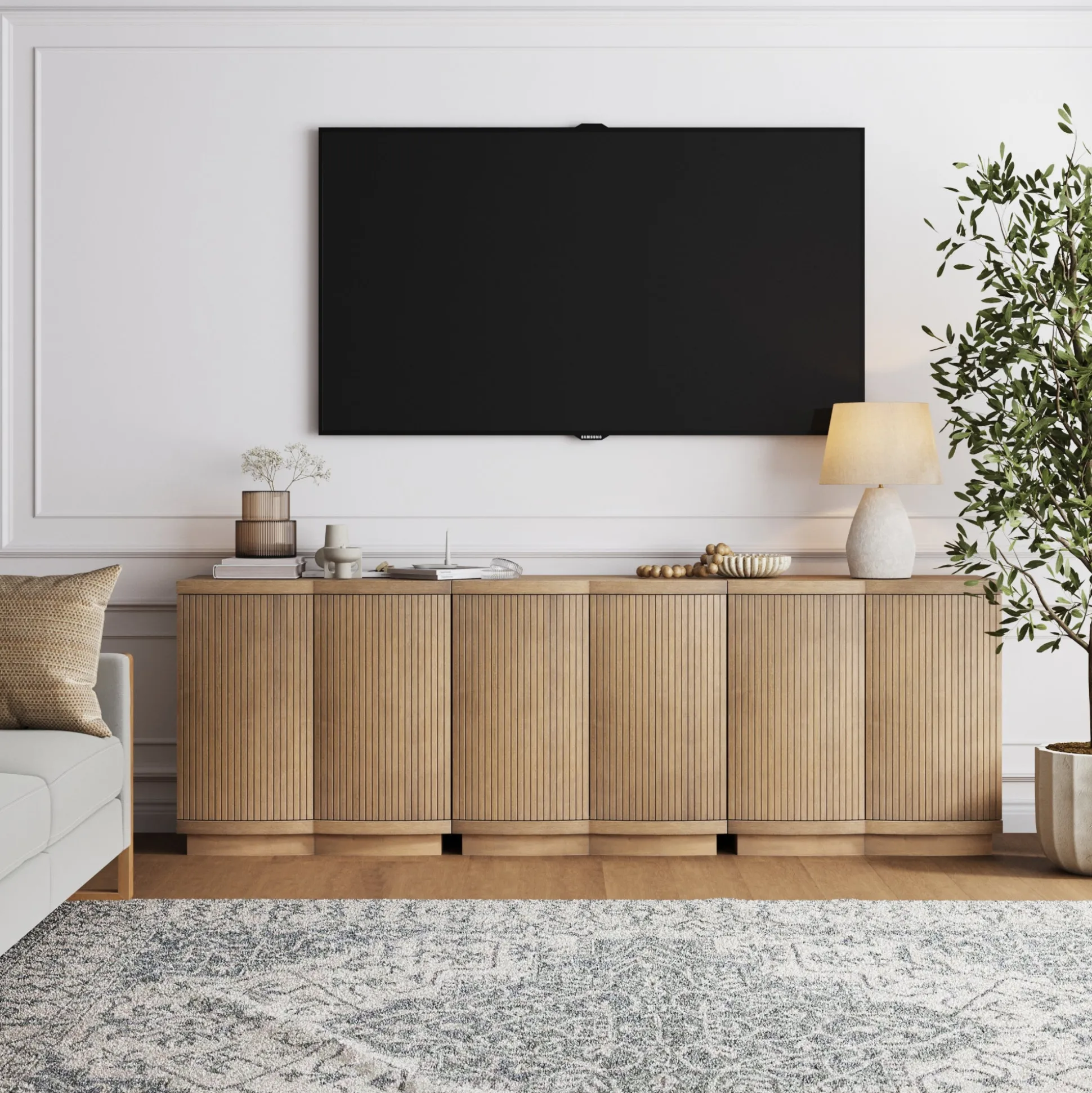 Mid-Century Modern Wood Fluted Cabinet Credenza Light Brown (Set of 3)