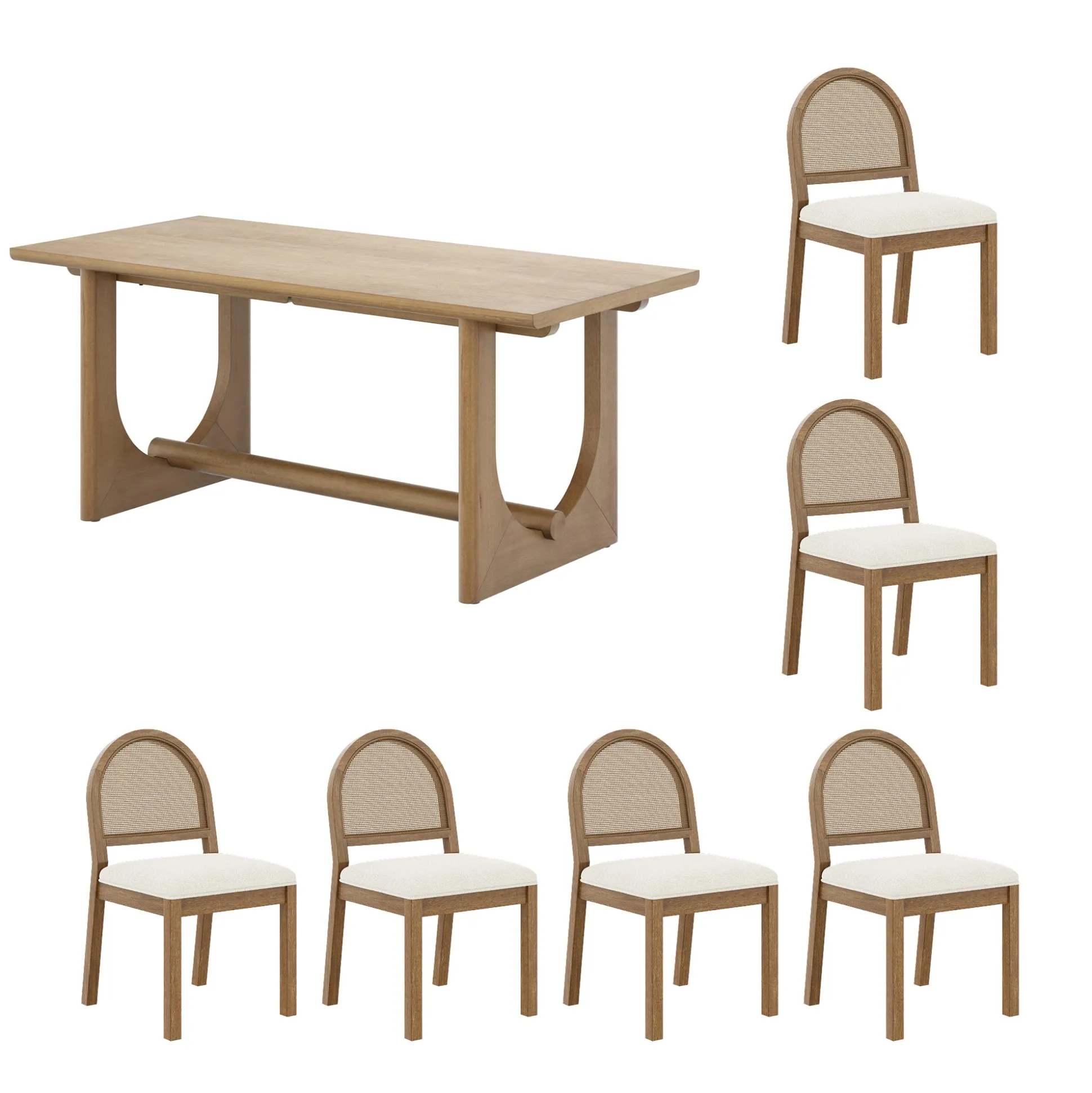 Mid-Century Rattan Boucle Dining Table Set (6 Chairs)