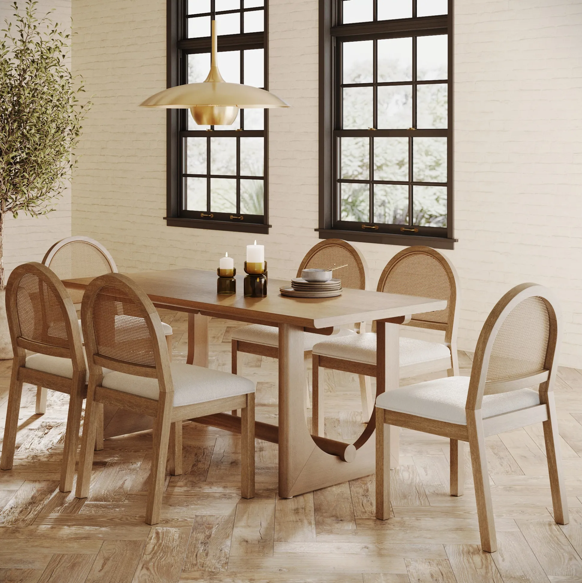 Mid-Century Rattan Boucle Dining Table Set (6 Chairs)