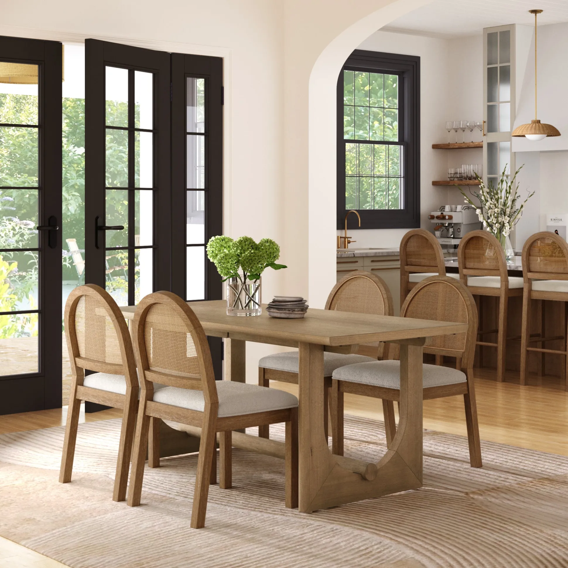 Mid-Century Rattan Boucle Dining Table Set (4 Chairs)