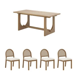 Mid-Century Rattan Boucle Dining Table Set (4 Chairs)