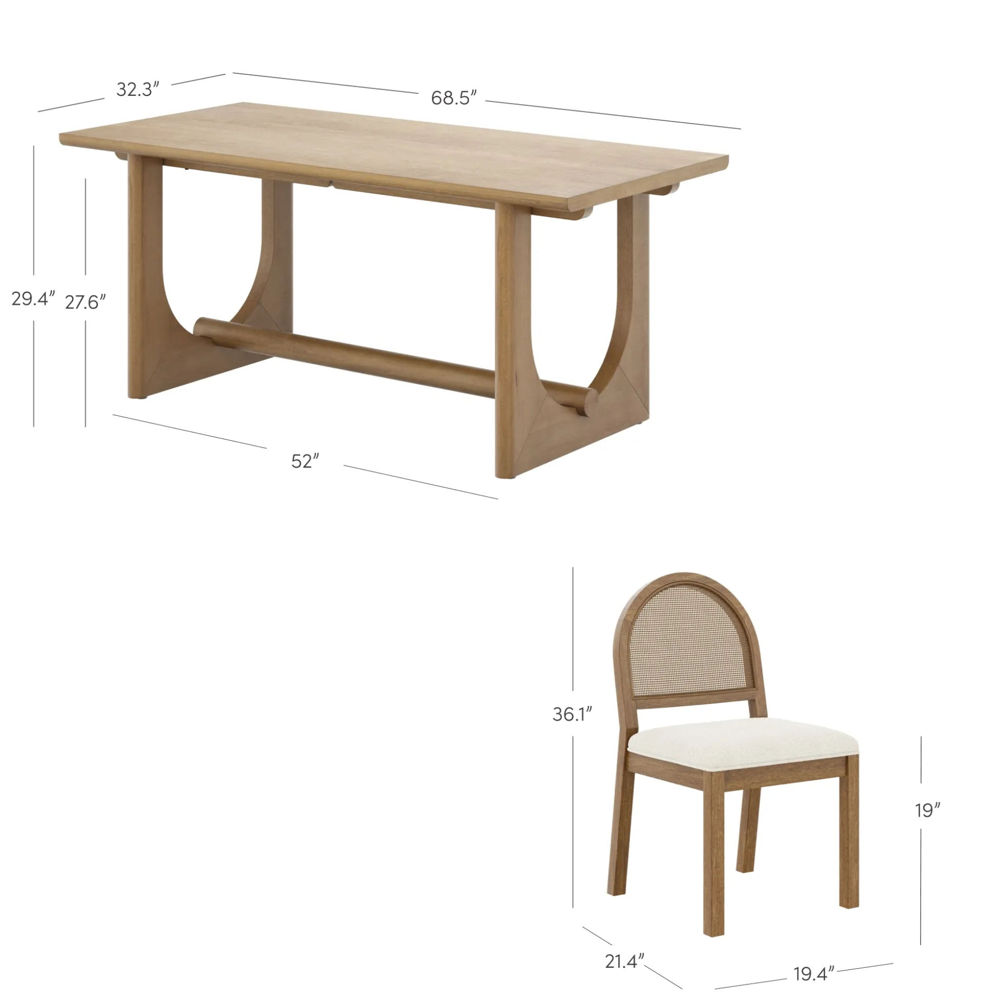 Mid-Century Rattan Boucle Dining Table Set (4 Chairs)