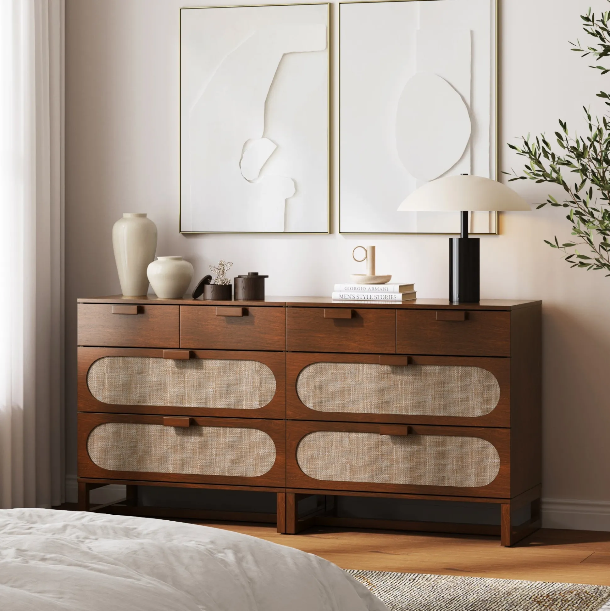 Mid-Century Rattan 3-Drawer Dressers Dark Acacia (Set of 2)