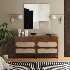 Mid-Century Rattan 3-Drawer Dressers Dark Acacia (Set of 2)
