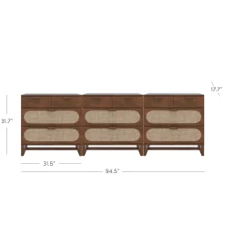 Mid-Century Rattan 3-Drawer Dressers Dark Acacia (Set of 3)