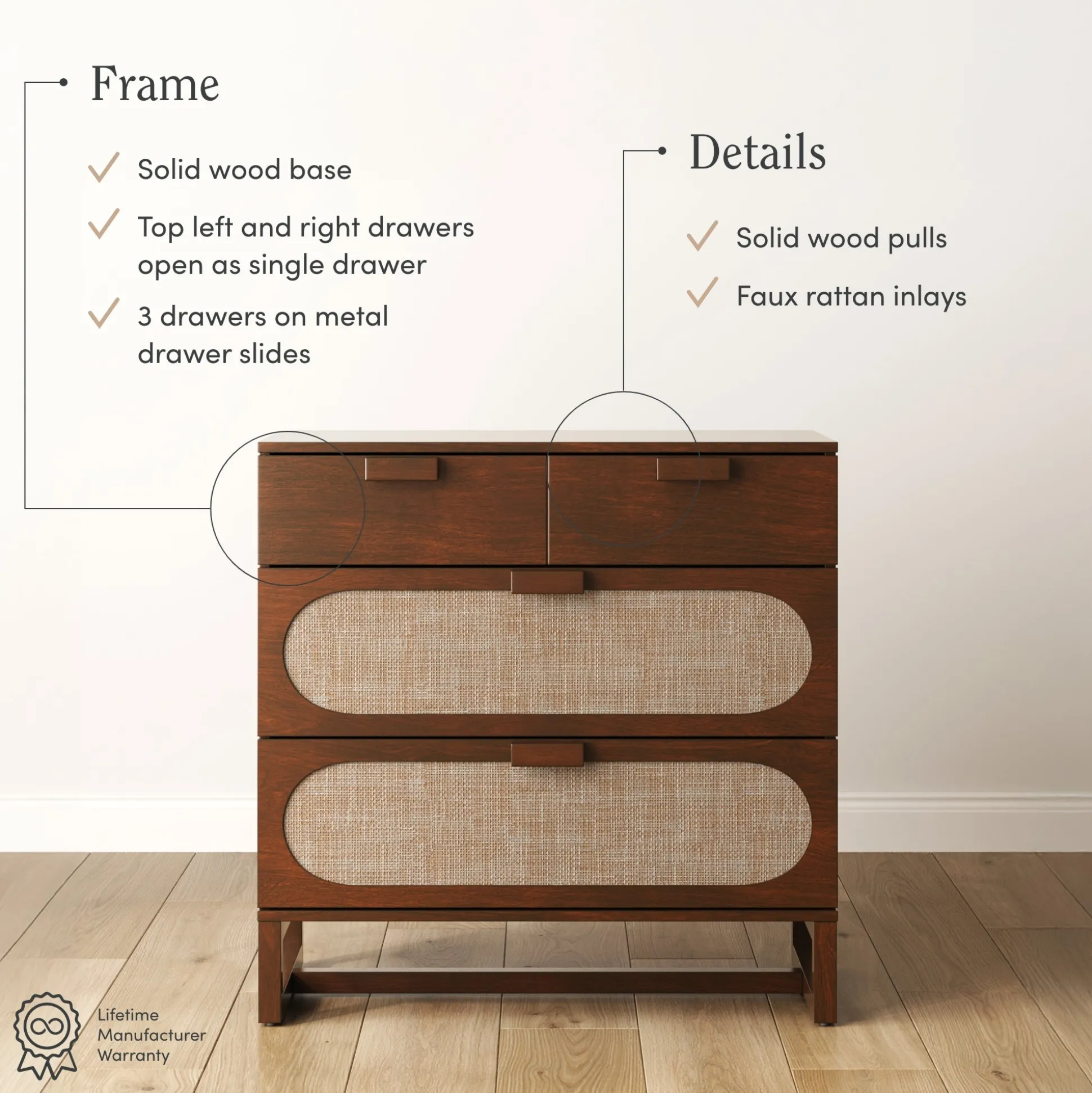 Mid-Century Rattan 3-Drawer Dresser Dark Acacia