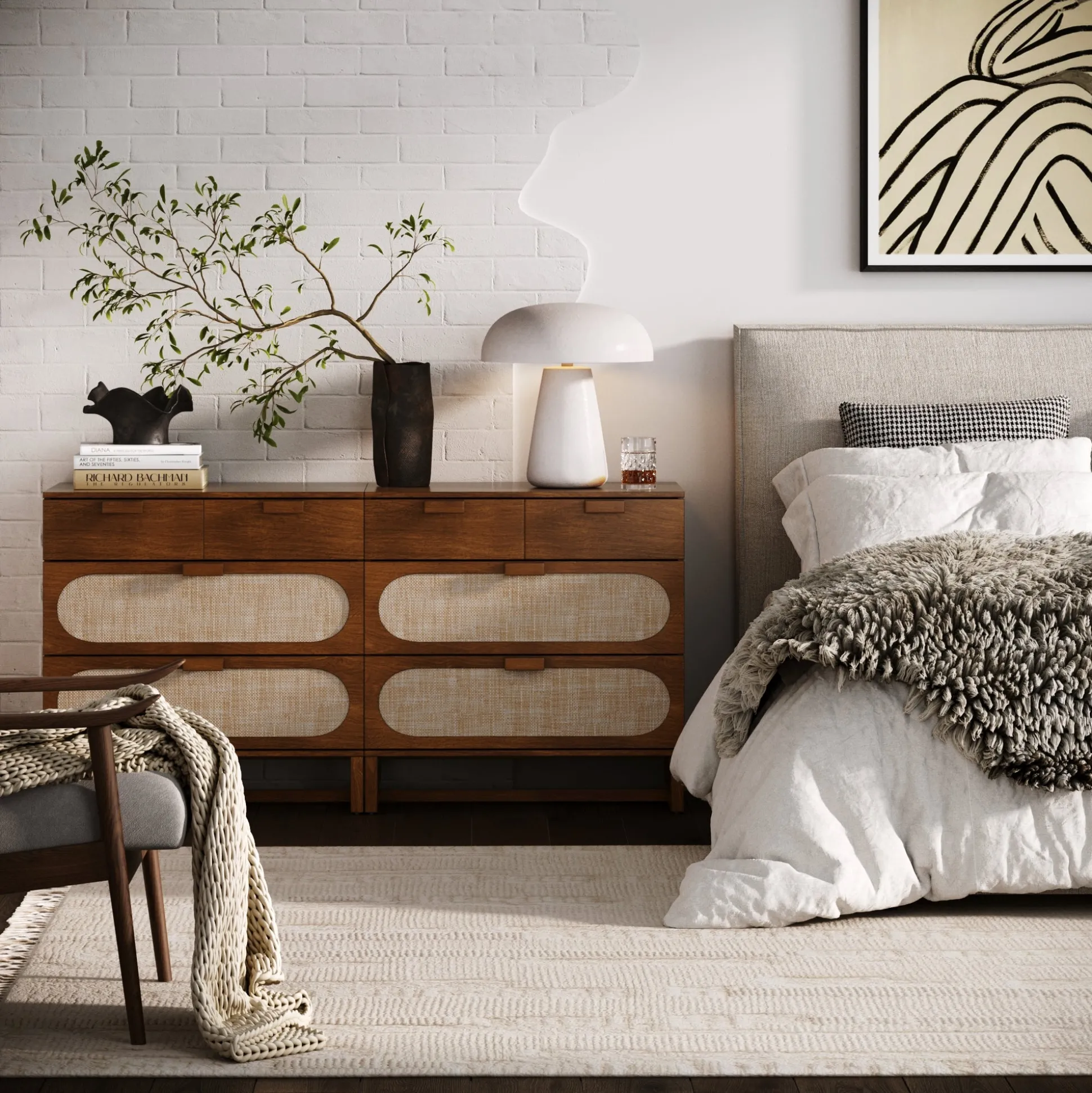 Mid-Century Rattan 3-Drawer Dresser Dark Acacia