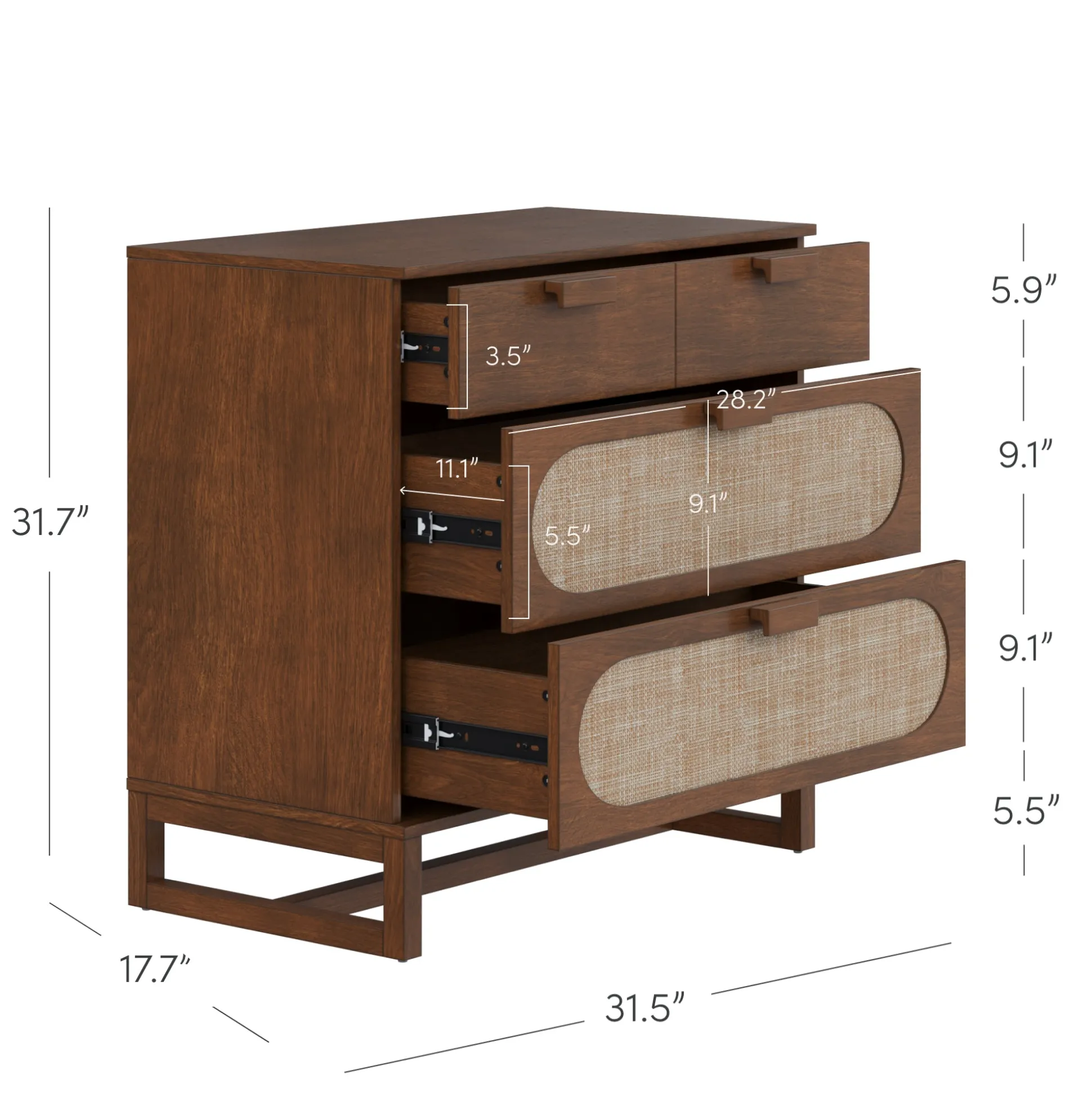 Mid-Century Rattan 3-Drawer Dresser Dark Acacia