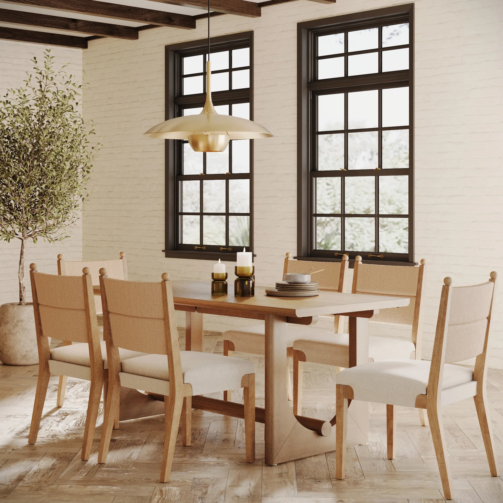 Mid-Century Seagrass Dining Table Set (6 Chairs)