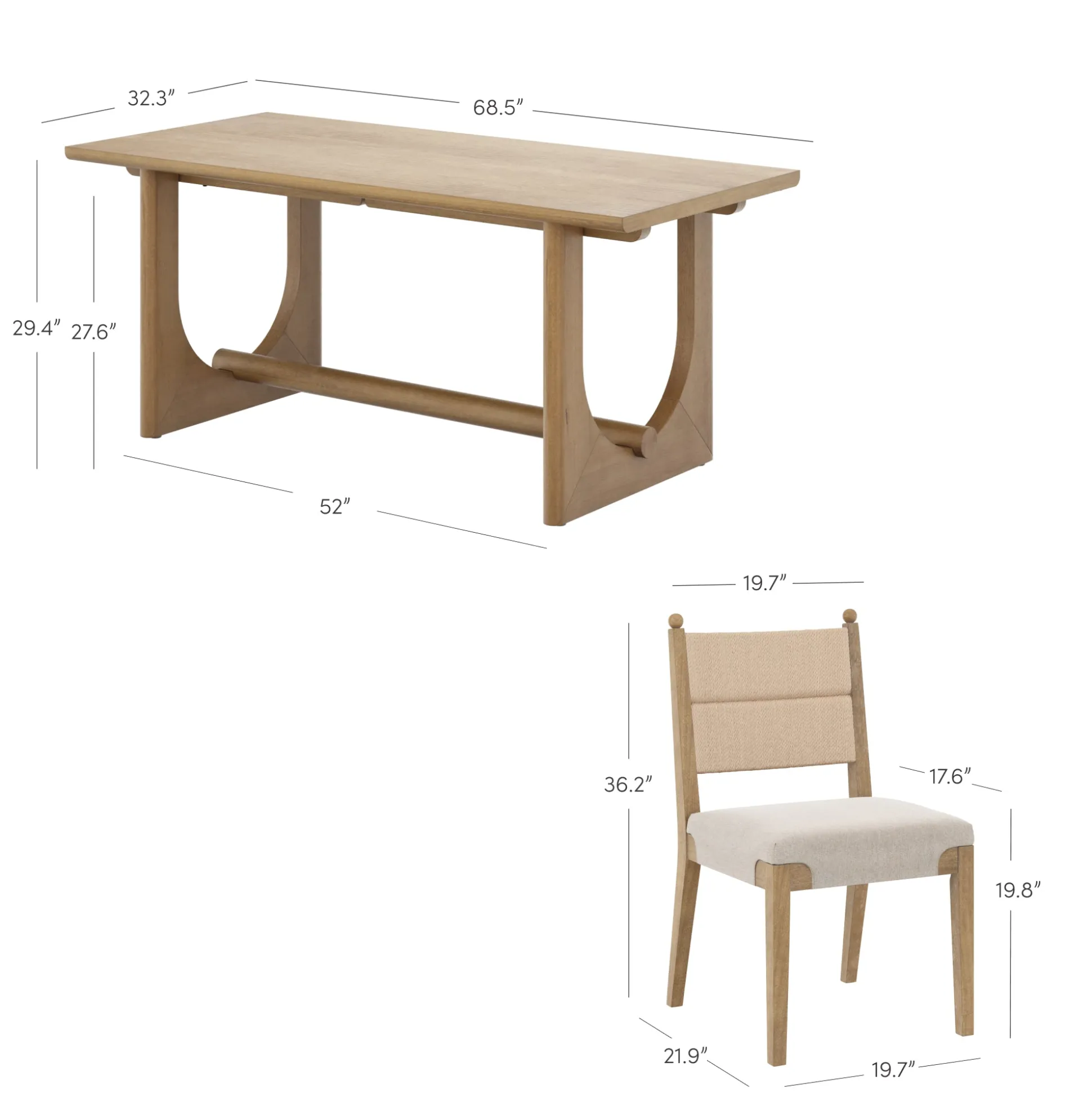 Mid-Century Seagrass Dining Table Set (4 Chairs)