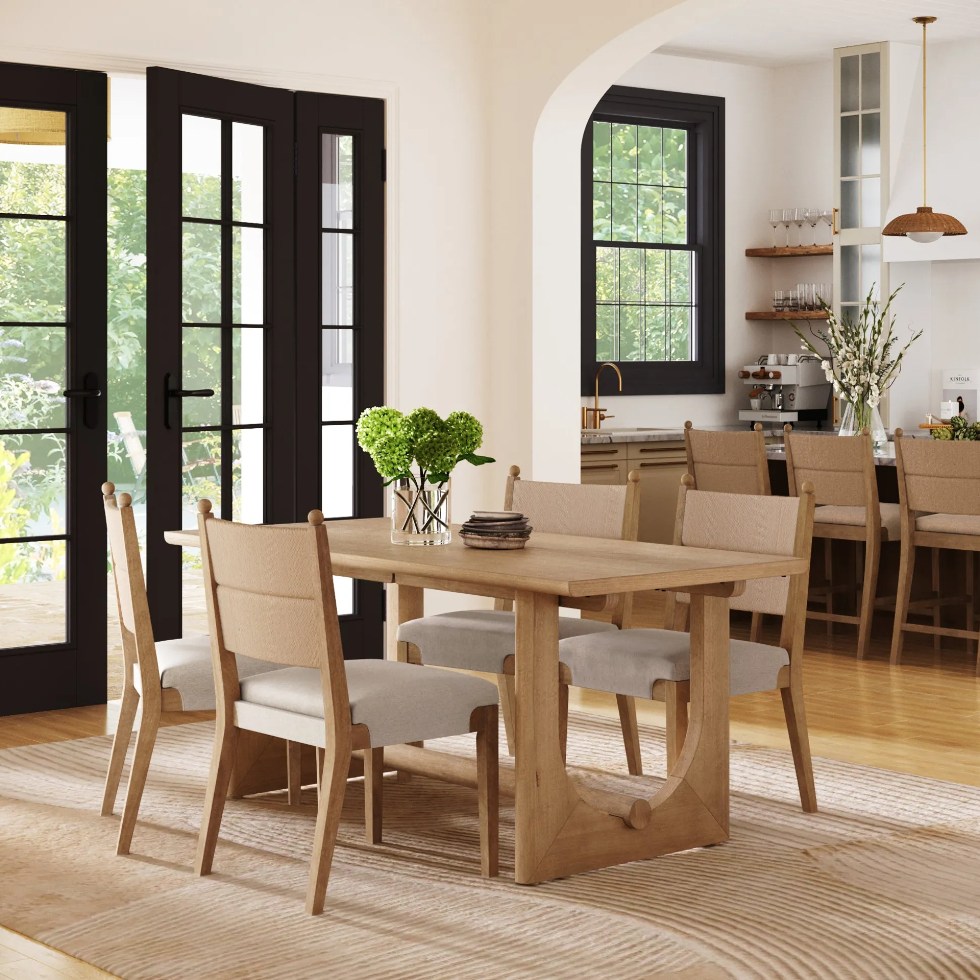 Mid-Century Seagrass Dining Table Set (4 Chairs)