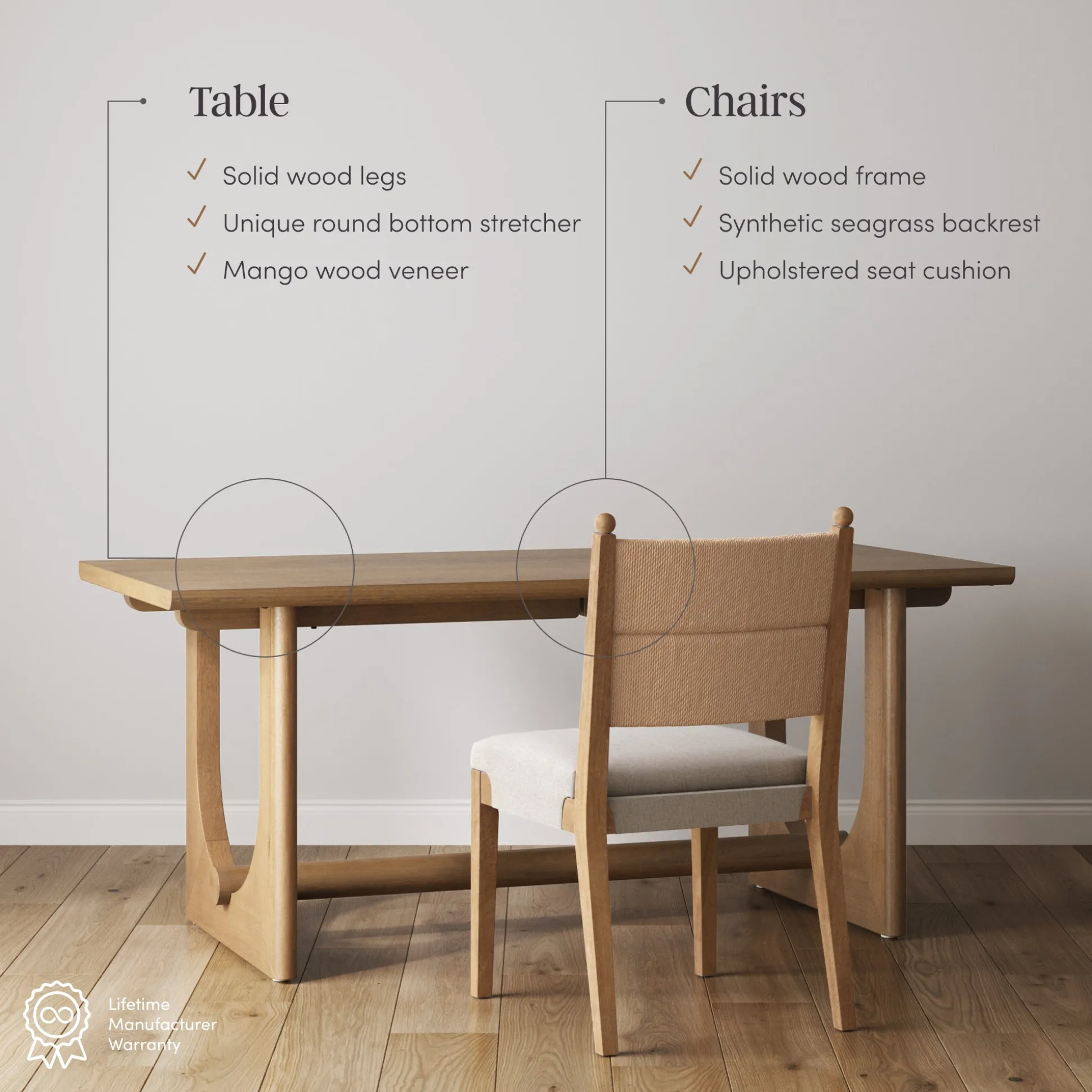 Mid-Century Seagrass Dining Table Set (4 Chairs)