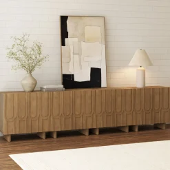 Mid Century Style Credenza with Geometric Carved Doors Light Brown (Set of 4)