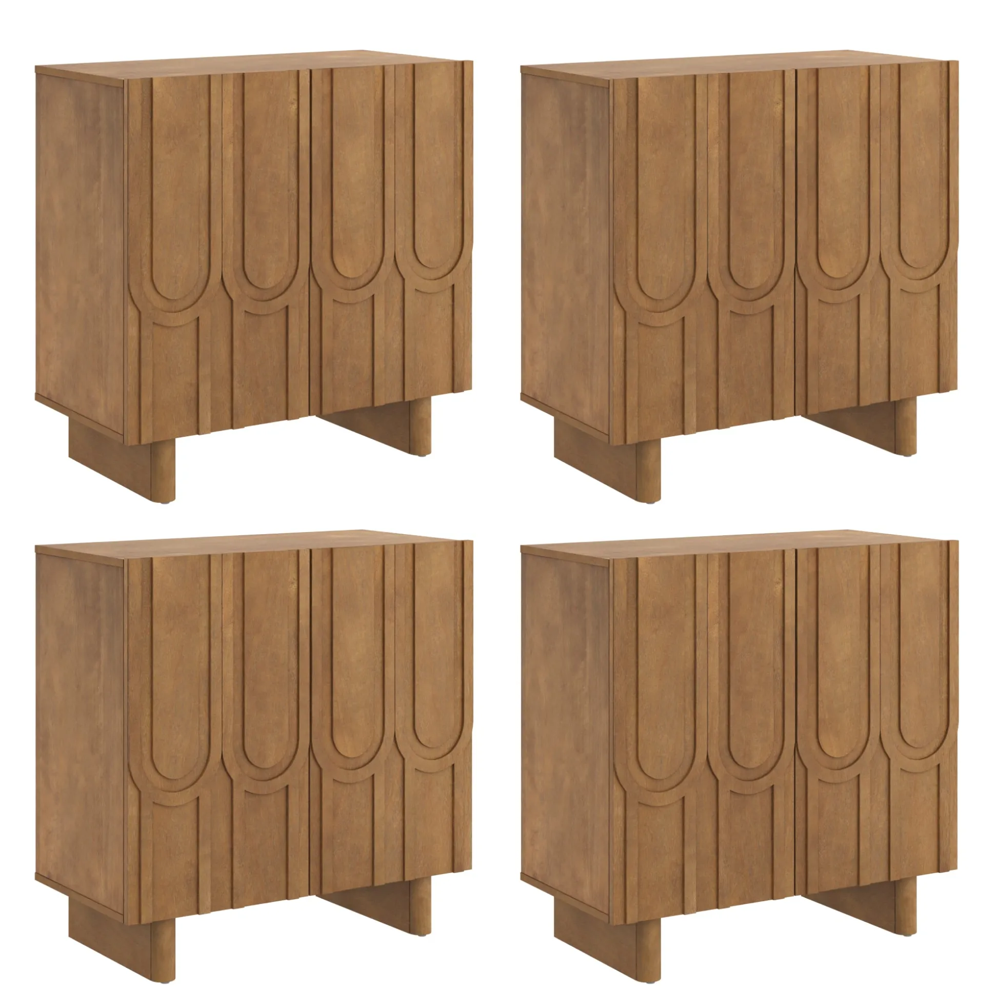 Mid Century Style Credenza with Geometric Carved Doors Light Brown (Set of 4)