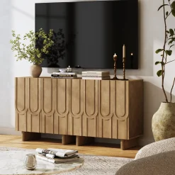Mid Century Style Credenza with Geometric Carved Doors Light Brown (Set of 2)