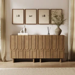 Mid Century Style Credenza with Geometric Carved Doors Light Brown (Set of 2)
