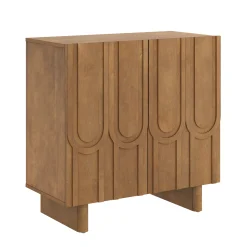 Mid Century Style Credenza with Geometric Carved Doors Light Brown