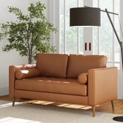 Mid-Century Tufted Leather Loveseat Sofa with Bench Seat Camel