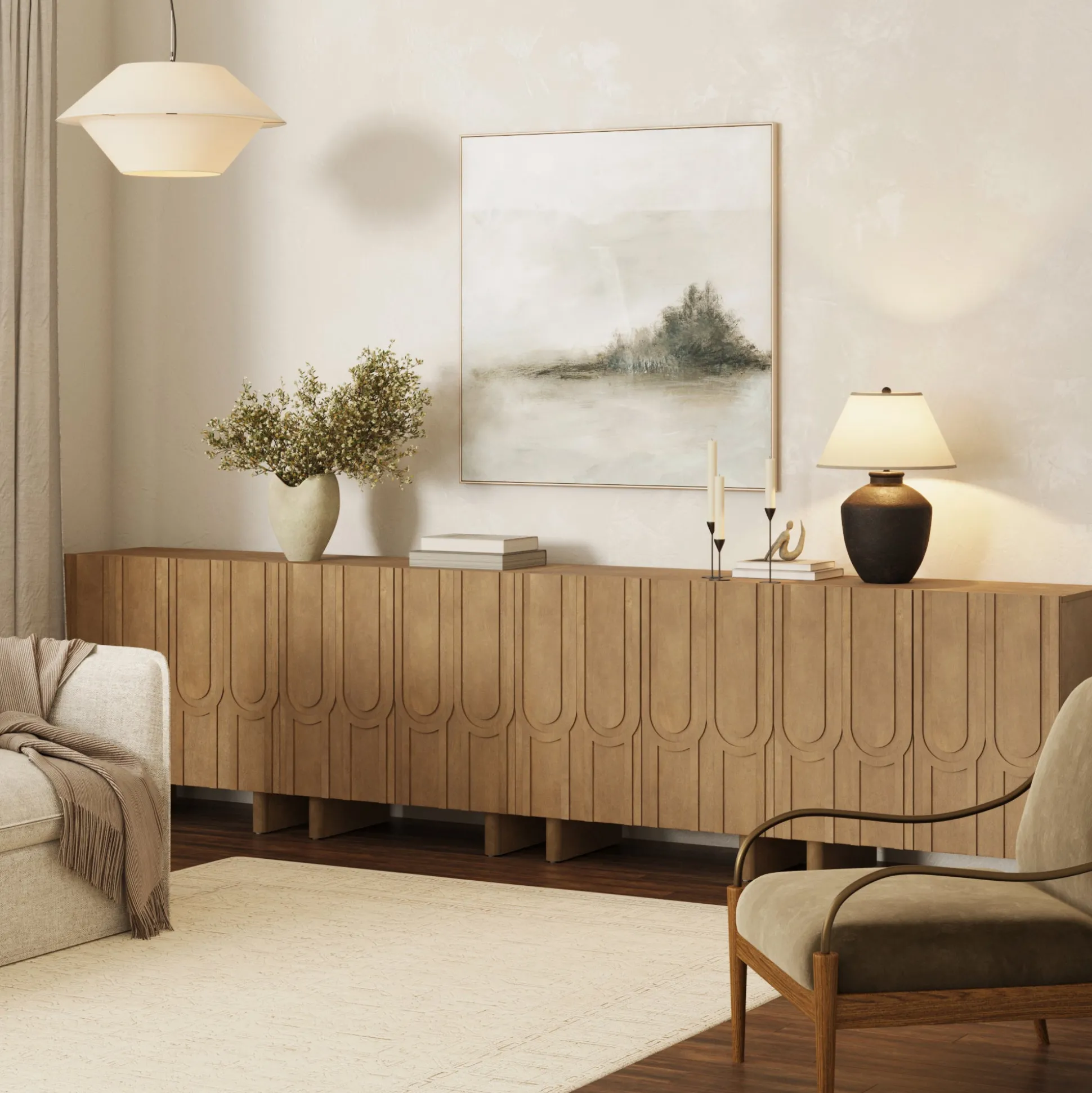 Mid Century TV Console Table with Storage for TVs up to 100" Light Brown