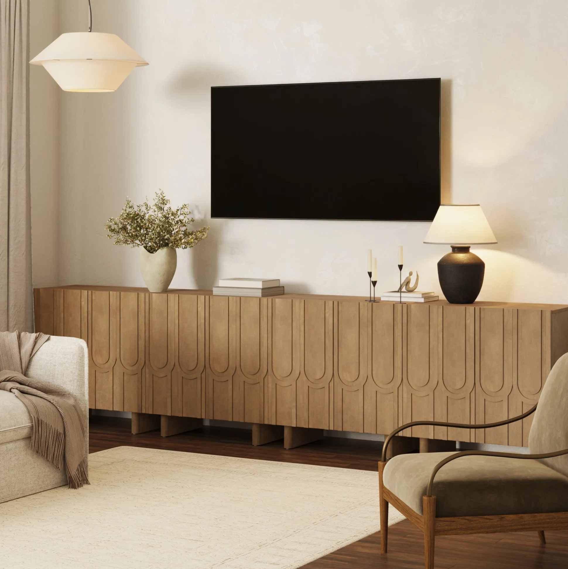 Mid Century TV Console Table with Storage for TVs up to 100" Light Brown
