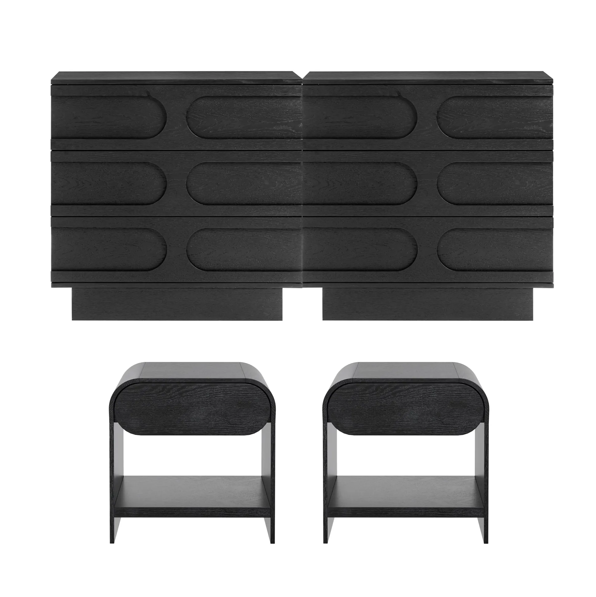Mid-Century Two Arched Dressers and Nightstands Set Black Oak