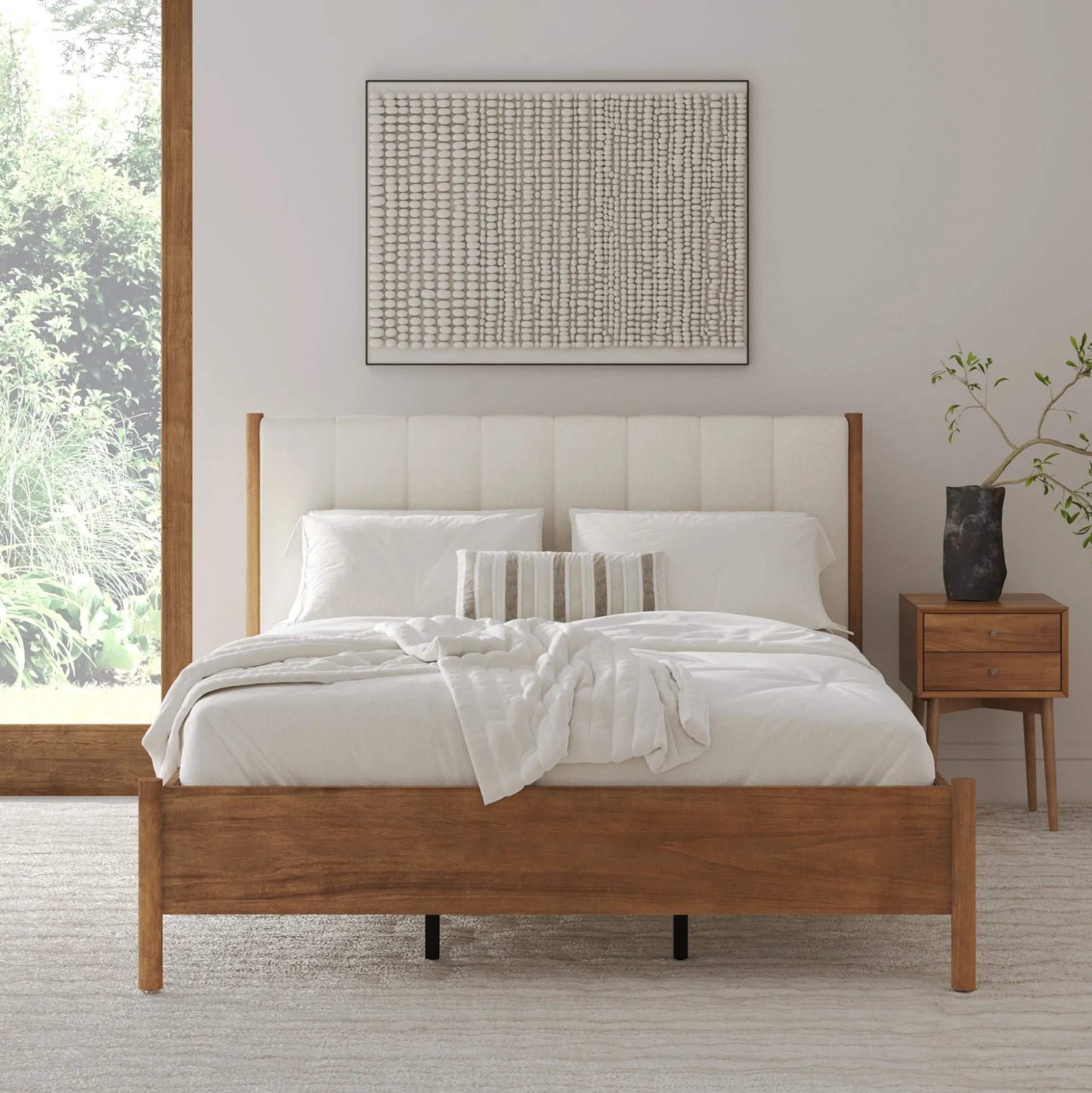 Mid-Century Upholstered Bed Frame with Boucle Headboard Light Brown | Size Queen