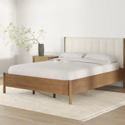 Mid-Century Upholstered Bed Frame with Boucle Headboard Light Brown | Size Queen