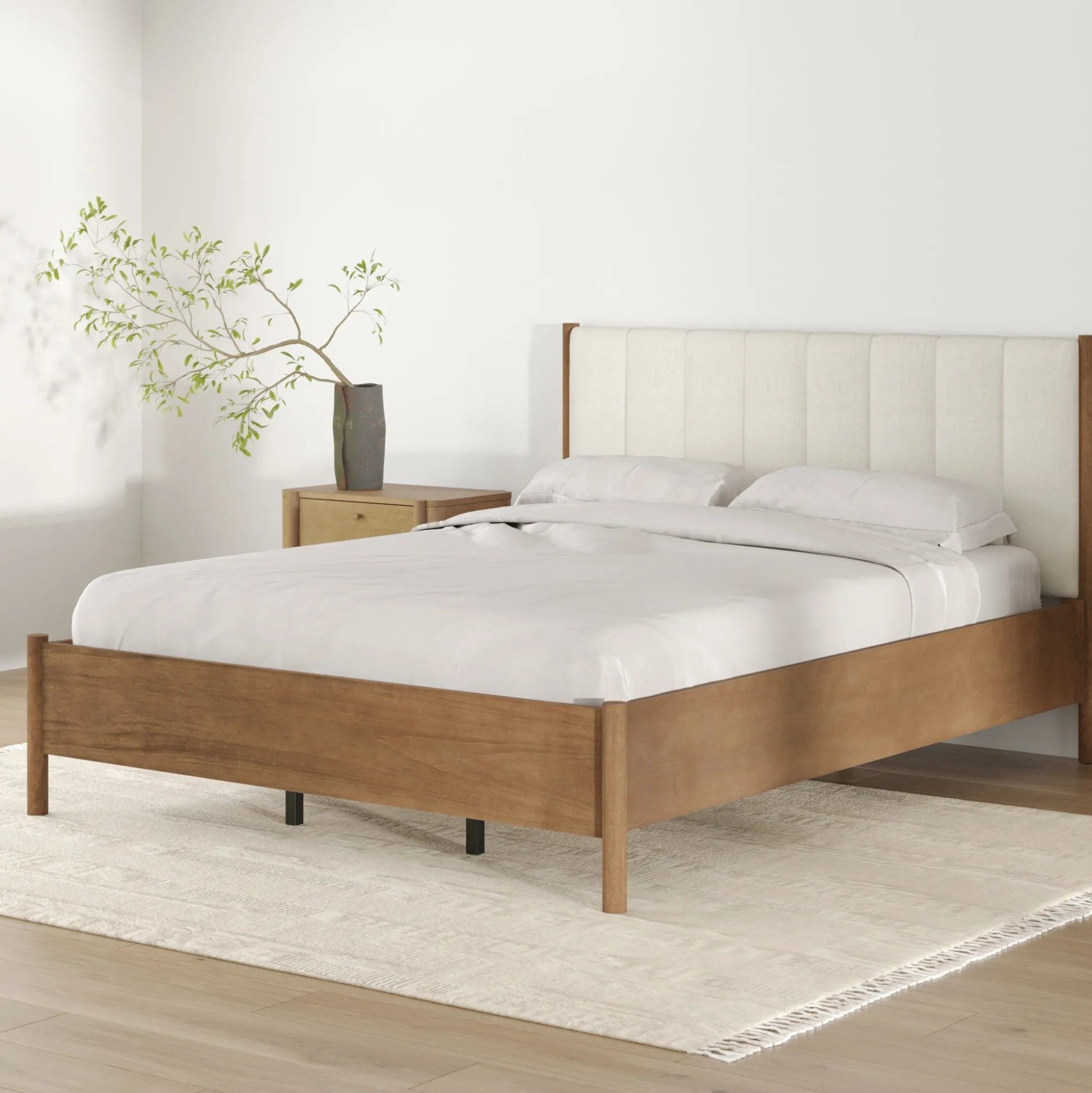 Mid-Century Upholstered Bed Frame with Boucle Headboard Light Brown | Size Queen