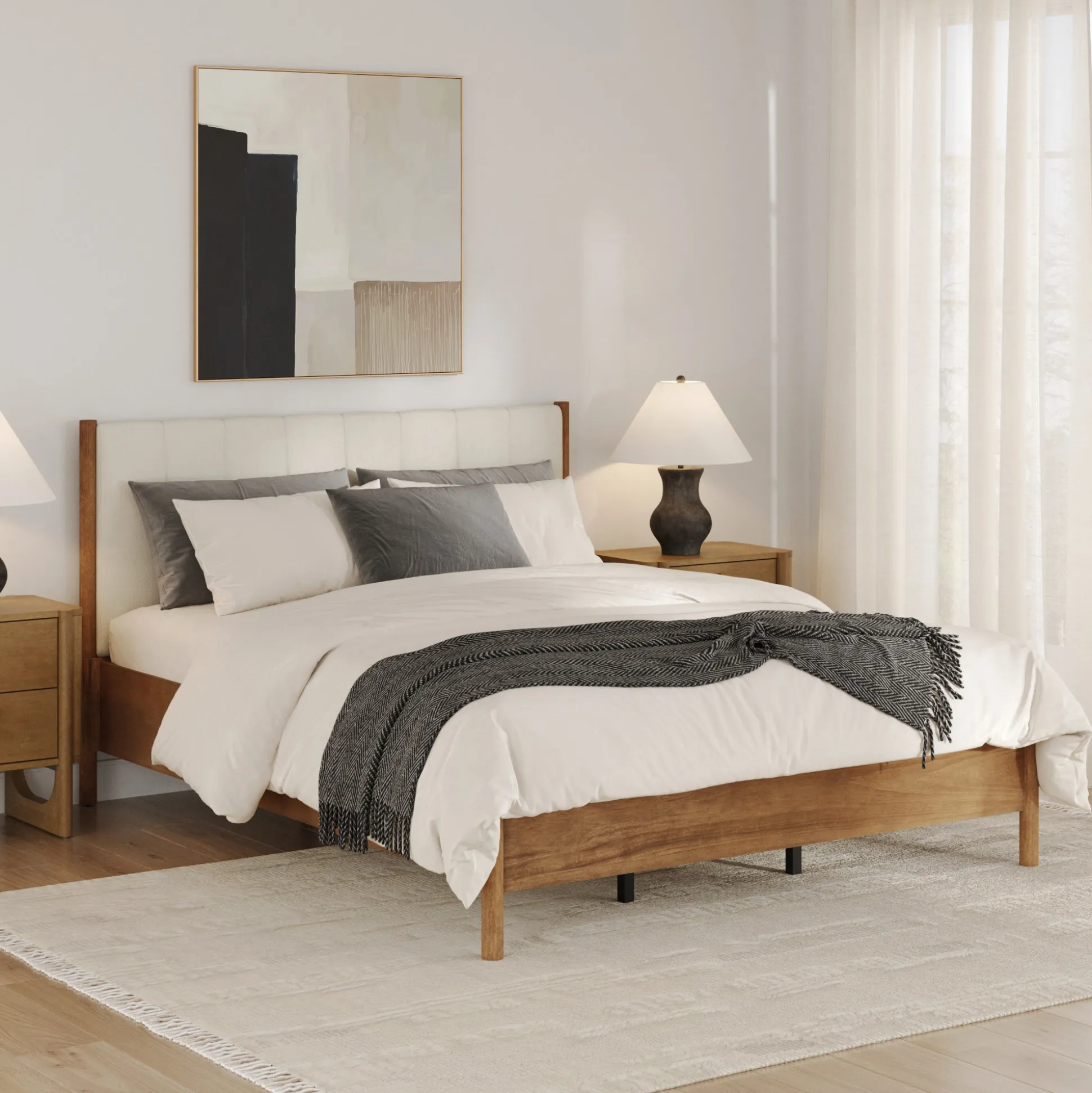 Mid-Century Upholstered Bed Frame with Boucle Headboard Light Brown | Size Queen