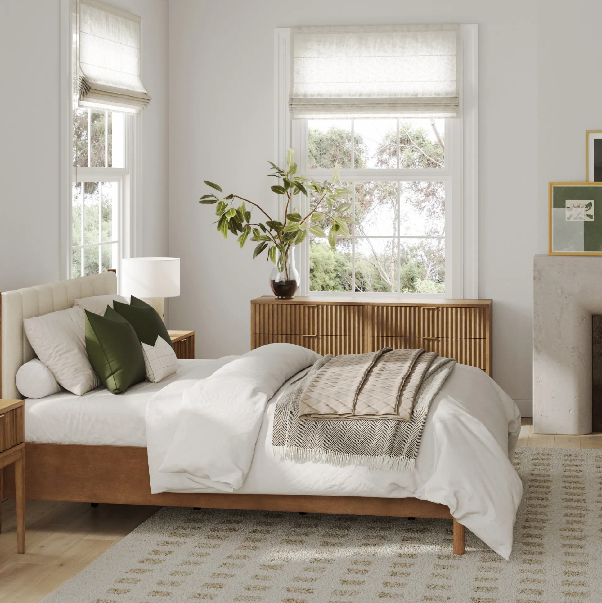 Mid-Century Upholstered Bed Frame with Boucle Headboard Light Brown | Size Queen