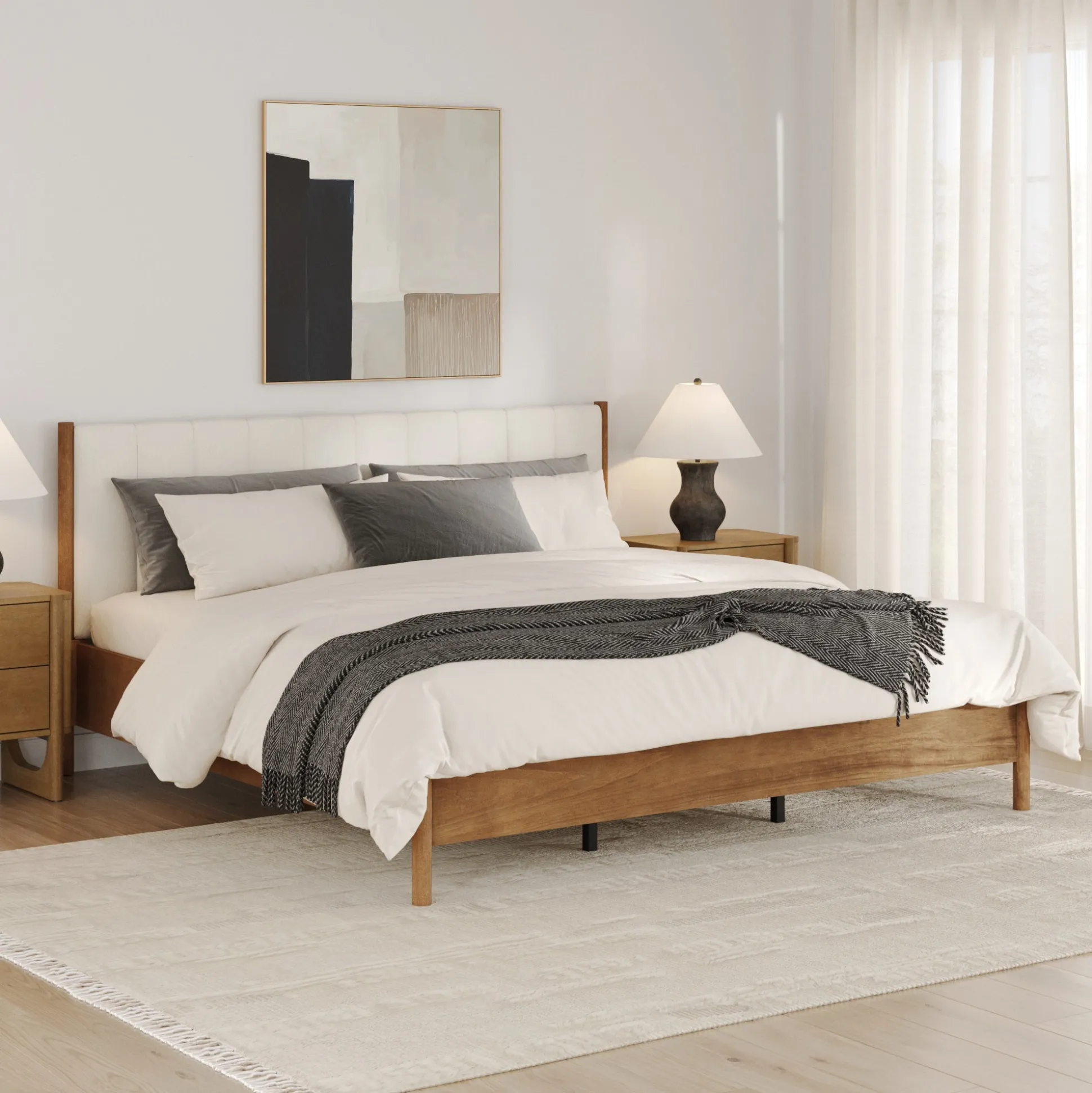 Mid-Century Upholstered Bed Frame with Boucle Headboard Light Brown | Size King