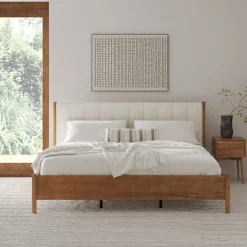 Mid-Century Upholstered Bed Frame with Boucle Headboard Light Brown | Size King