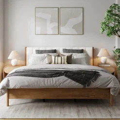 Mid-Century Upholstered Bed Frame with Boucle Headboard Light Brown | Size King