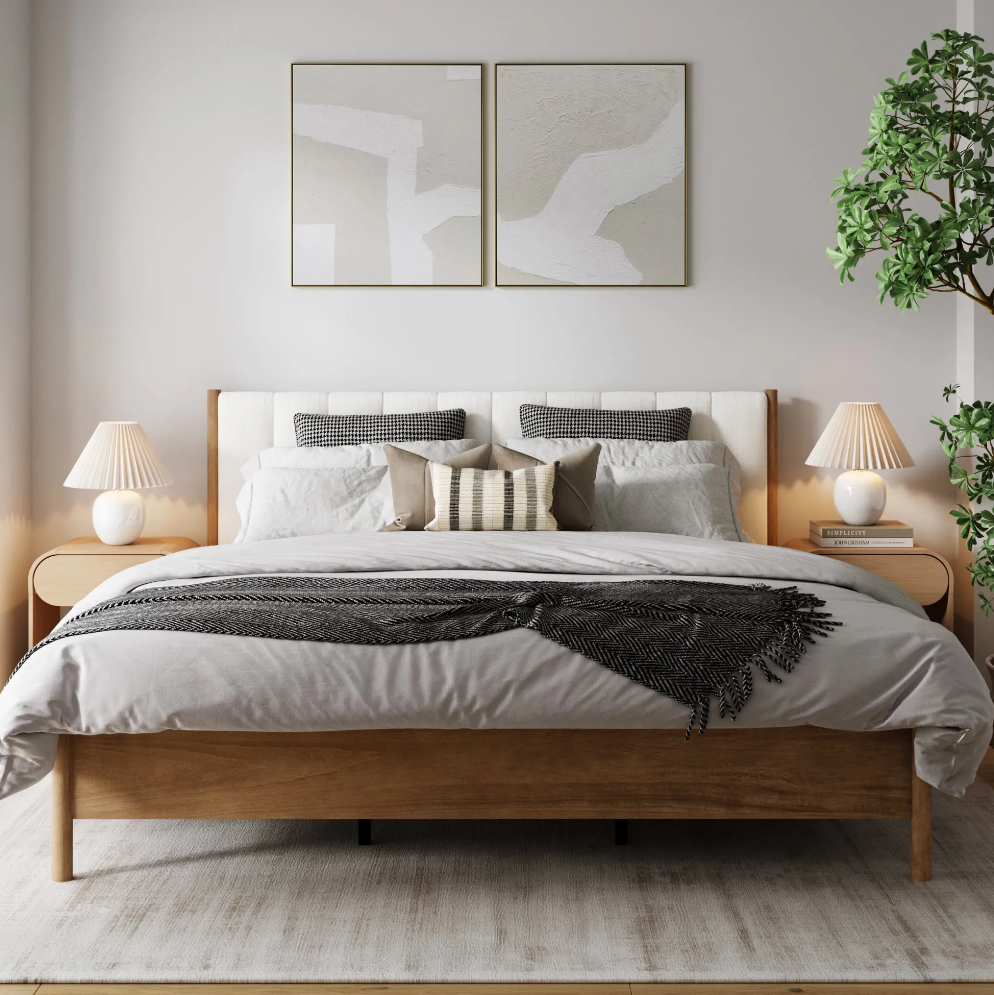 Mid-Century Upholstered Bed Frame with Boucle Headboard Light Brown | Size King