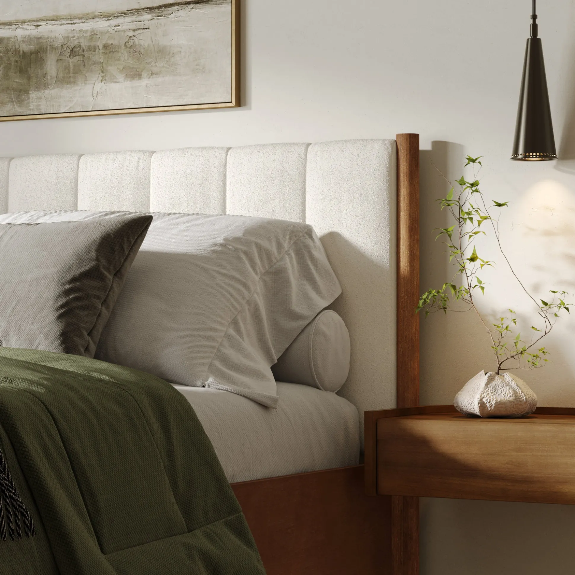 Mid-Century Upholstered Bed Frame with Boucle Headboard Light Brown | Size King