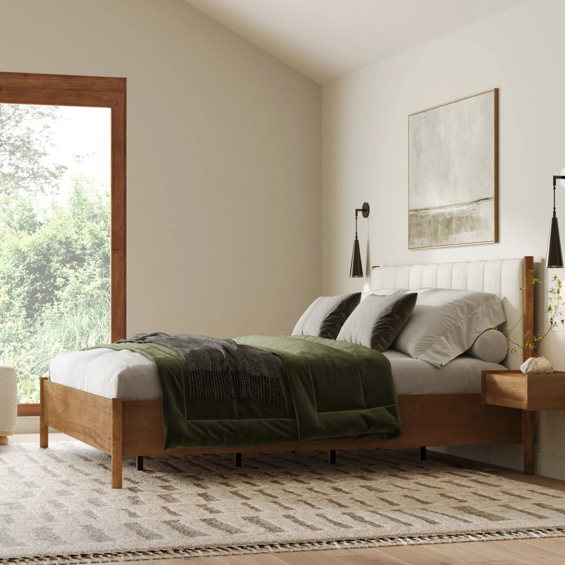 Mid-Century Upholstered Bed Frame with Boucle Headboard Light Brown | Size King