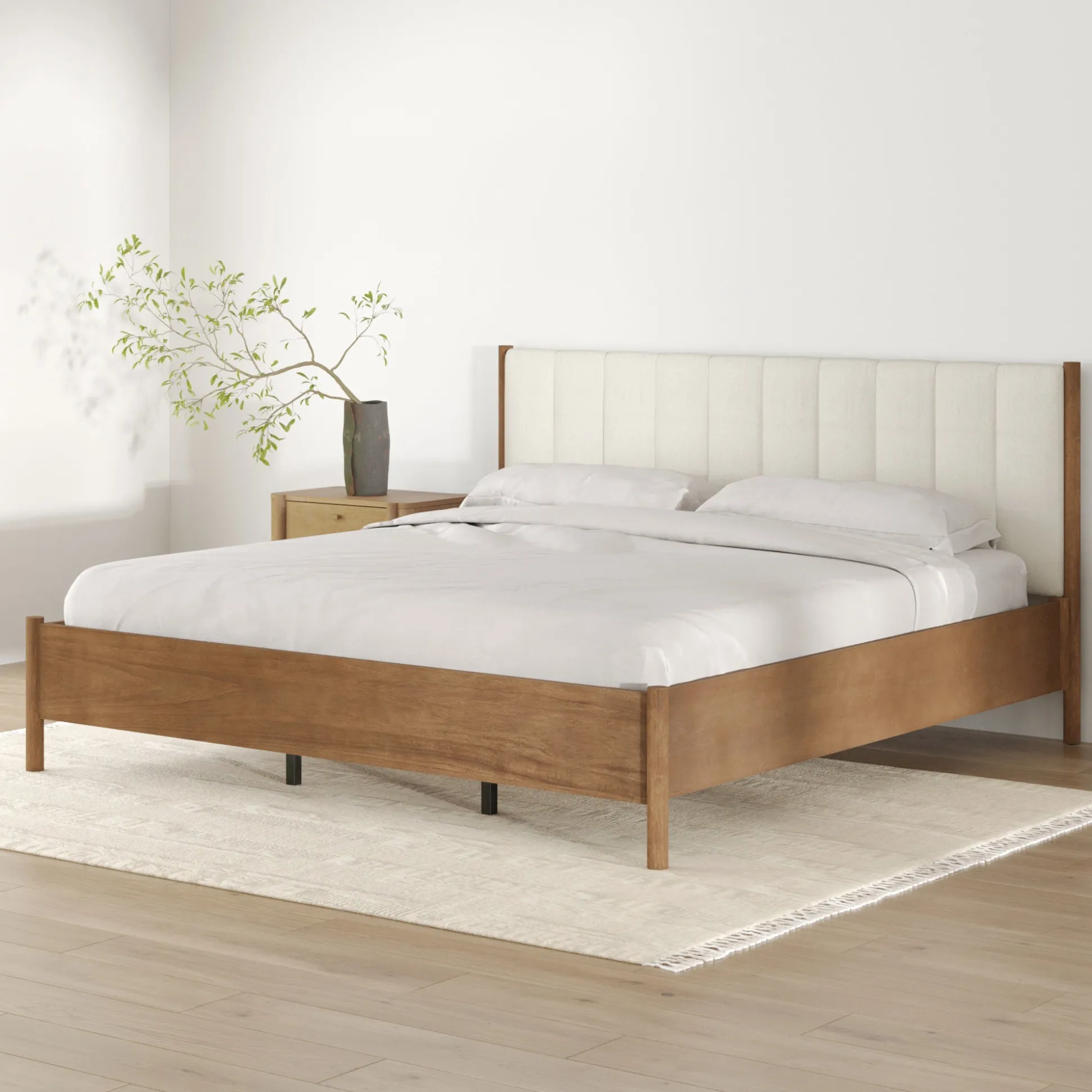 Mid-Century Upholstered Bed Frame with Boucle Headboard Light Brown | Size King