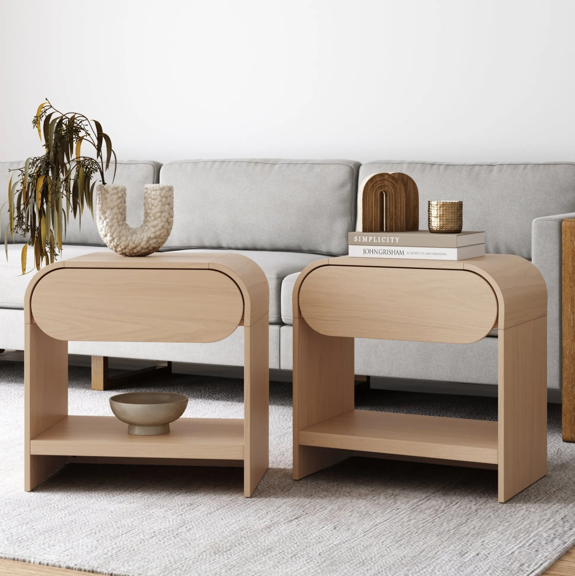 Mid-Century Wood Arched Nightstand Pale Oak (Set of 2)