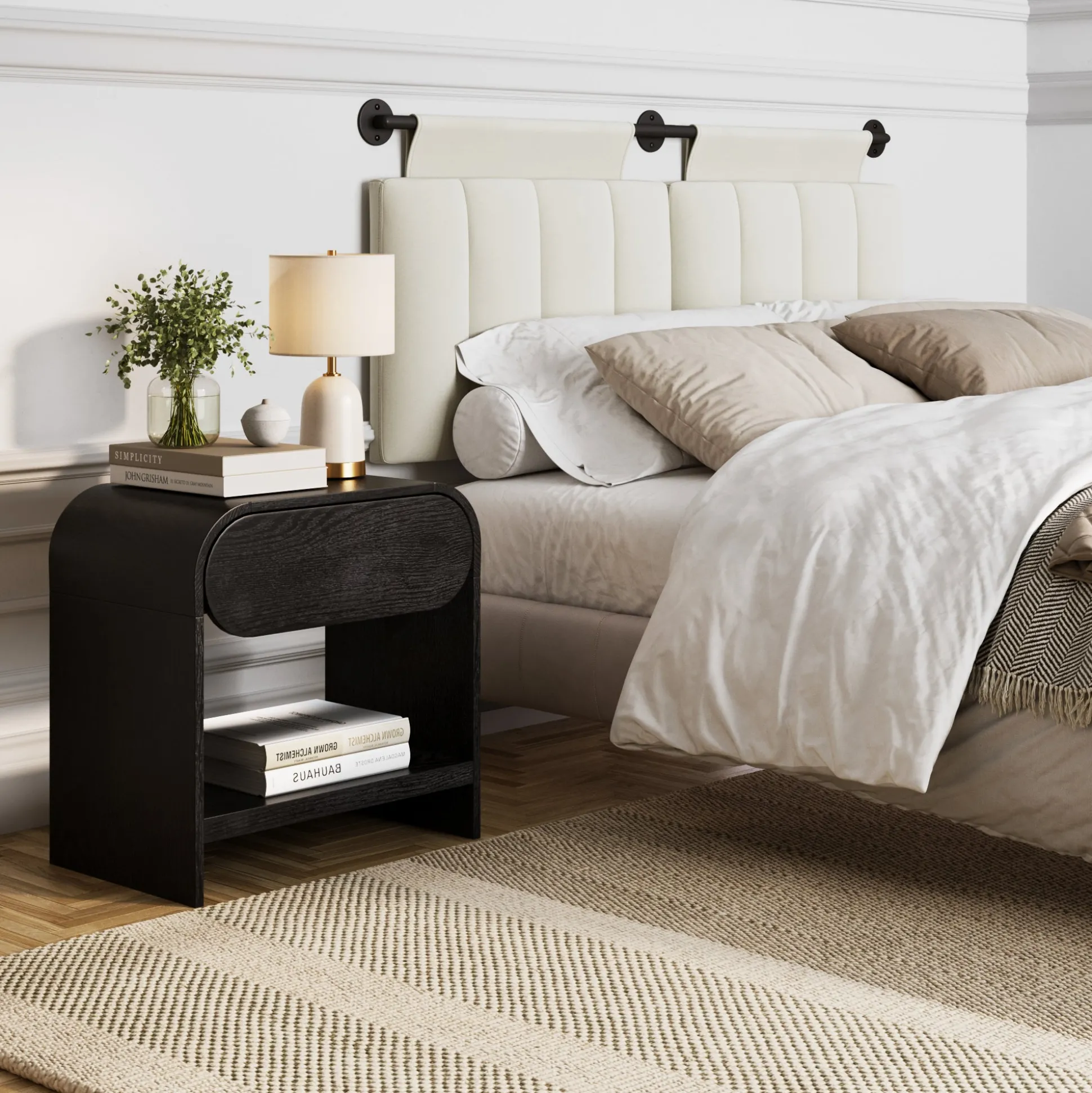 Mid-Century Wood Arched Nightstand Black Oak (Set of 2)