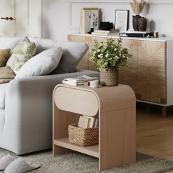 Mid-Century Wood Arched Nightstand Pale Oak