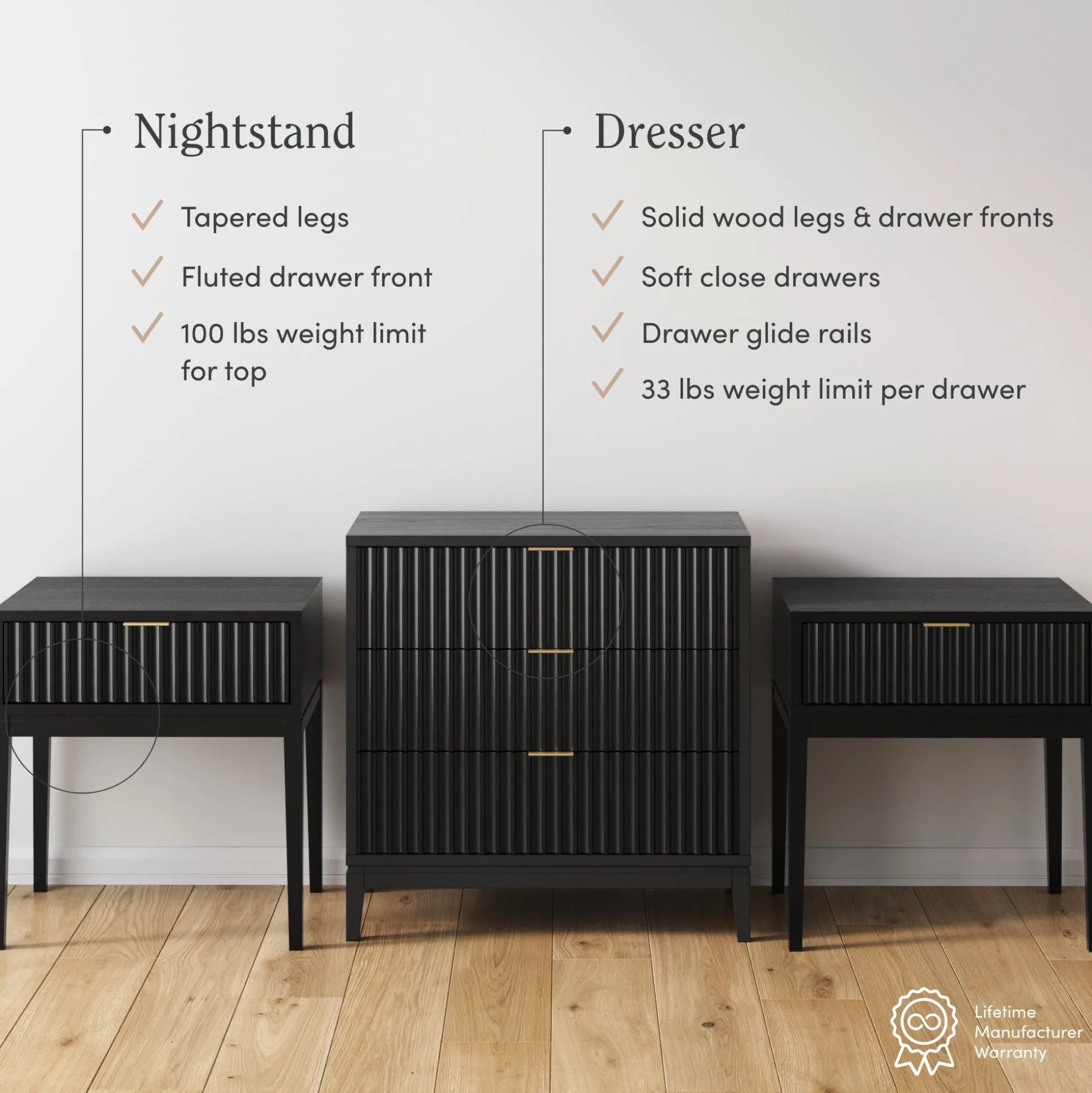 Mid-Century Wooden Fluted Dresser & Nightstand Set Black Oak