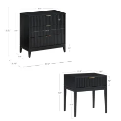 Mid-Century Wooden Fluted Dresser & Nightstand Set Black Oak