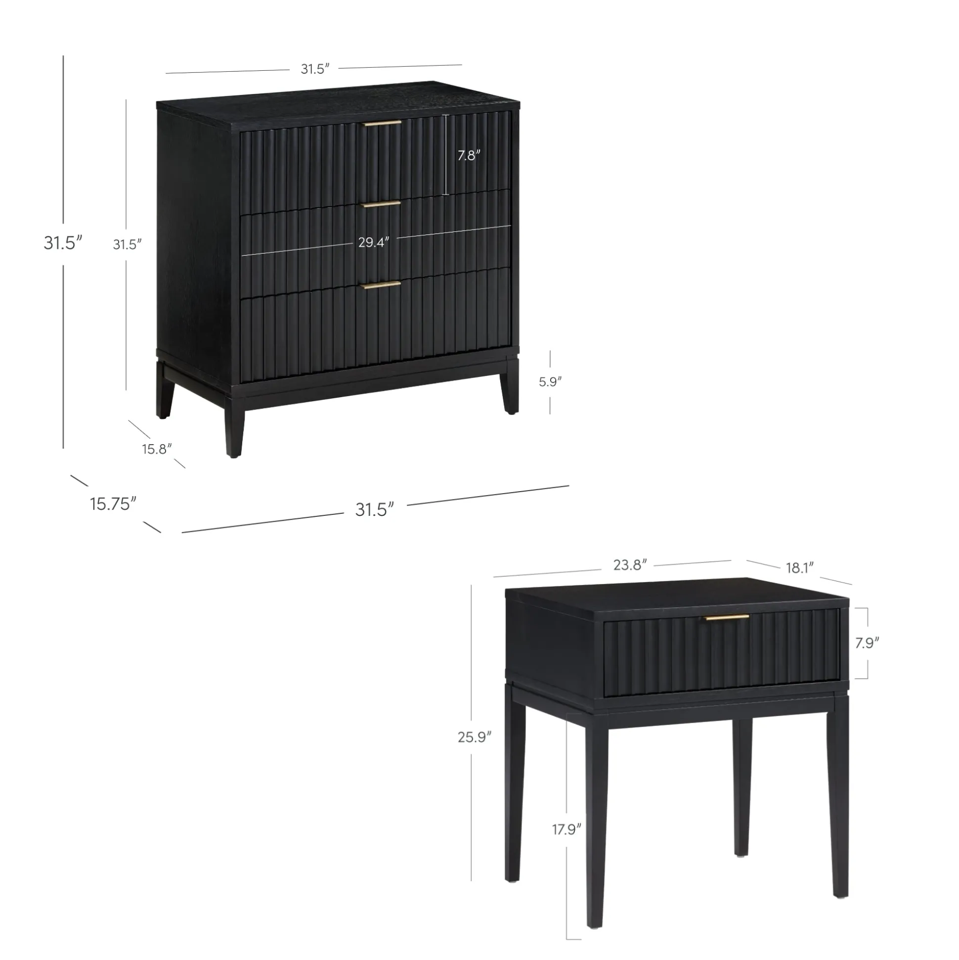 Mid-Century Wooden Fluted Dresser & Nightstand Set Black Oak