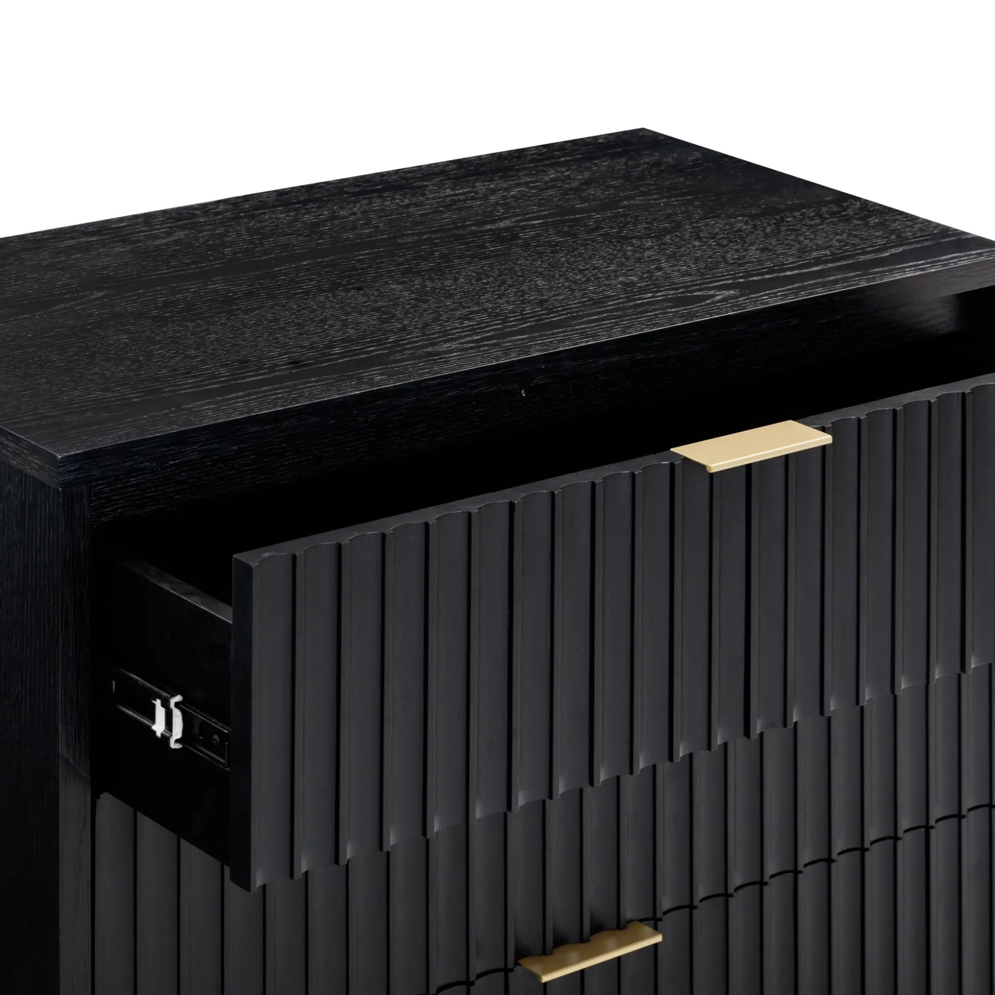 Mid-Century Wooden Fluted Dresser & Nightstand Set Black Oak